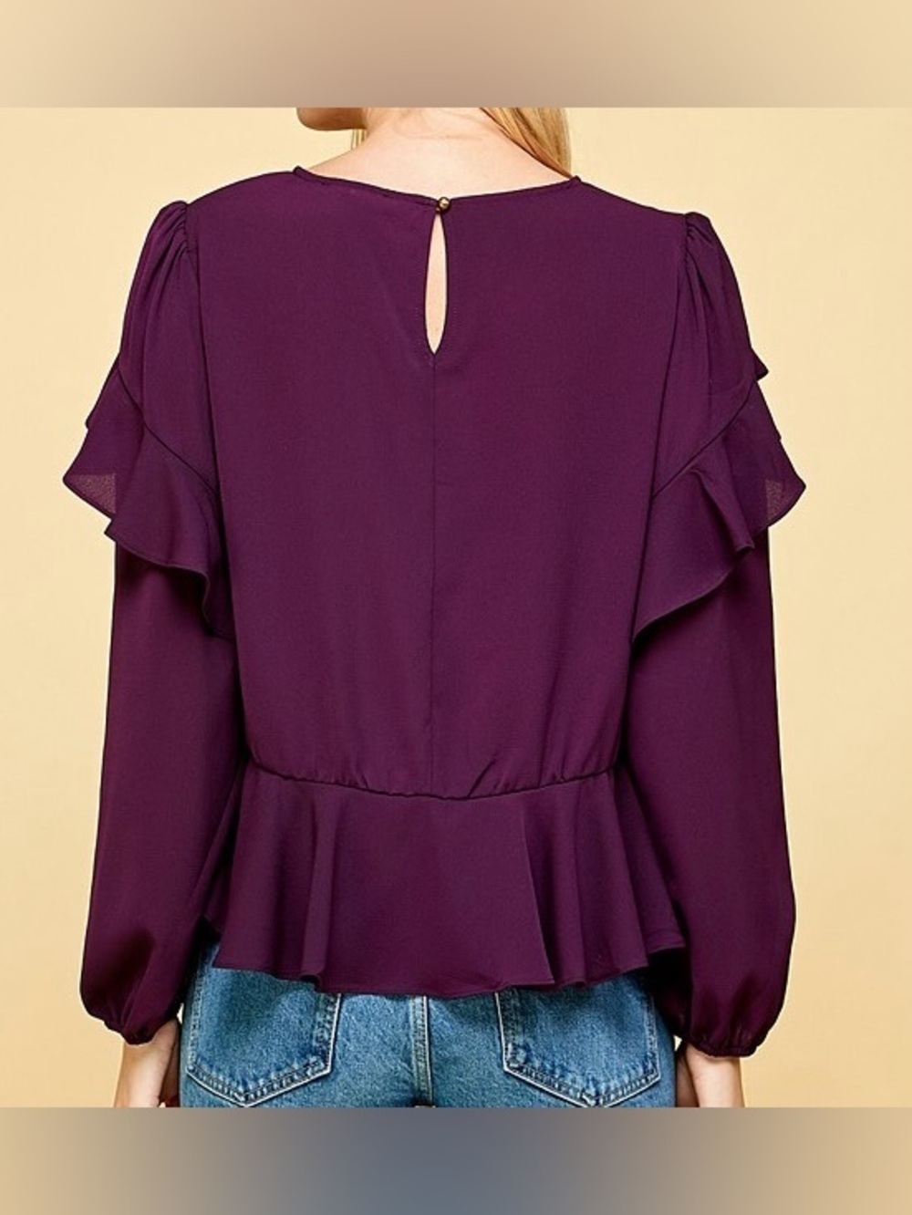 Eggplant Ruffle Detail Peplum Blouse - Picture 3 of 5